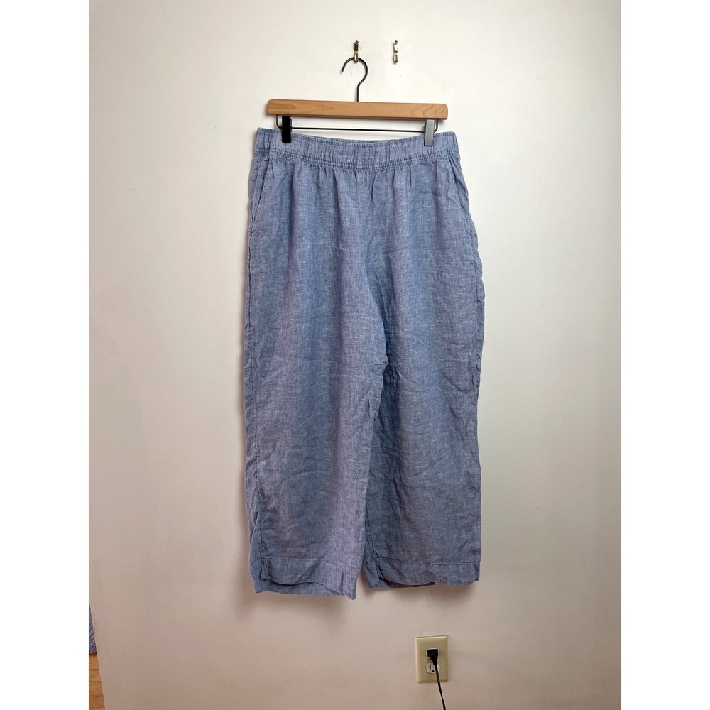 Tahari Womens Blue Linen Wide Leg Crop Pants XL Elastic Waist Coastal Grandma
